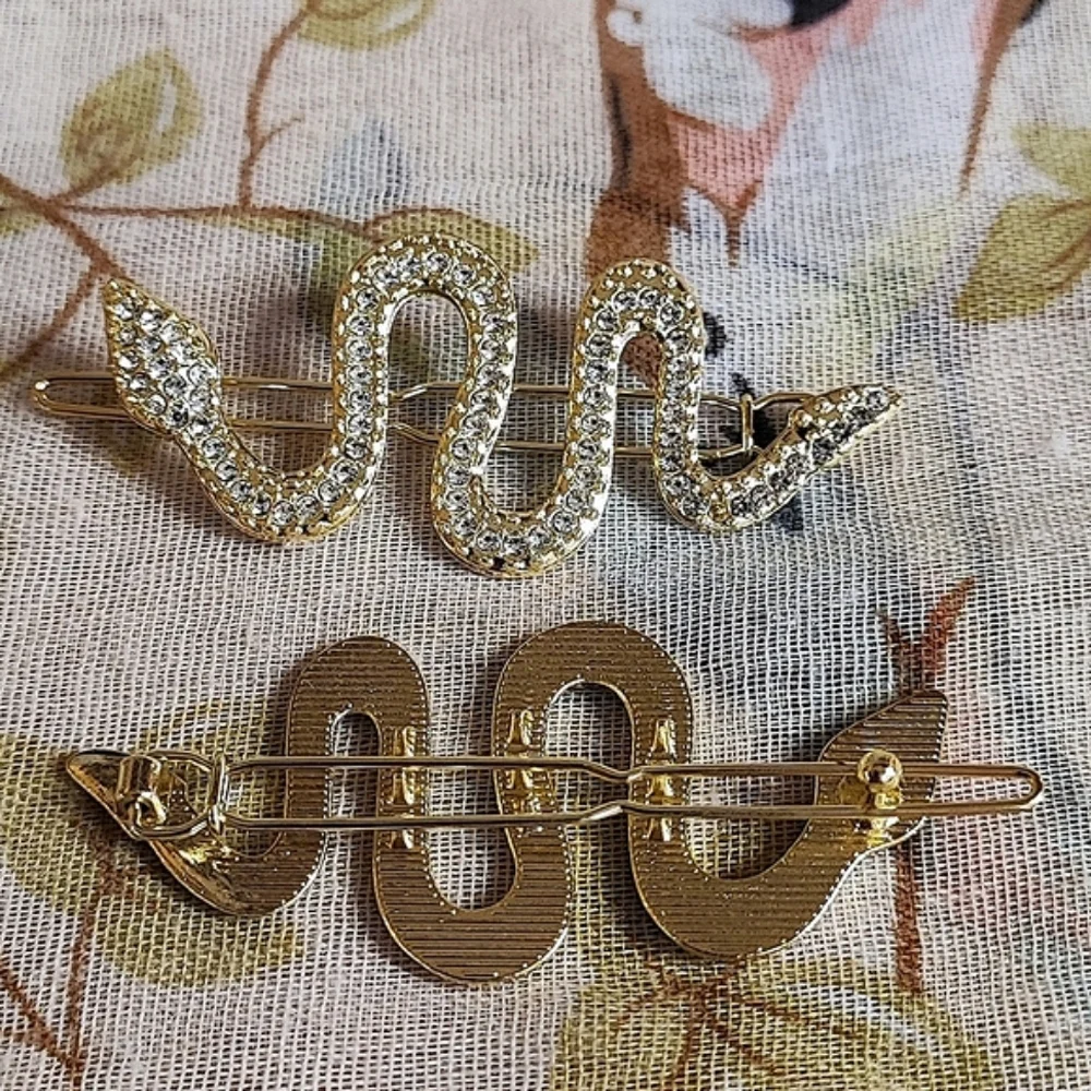 Cobra Snake Serpent Venomous Gold Tone Clear Rhinestone Barrettes Hair Jewelry